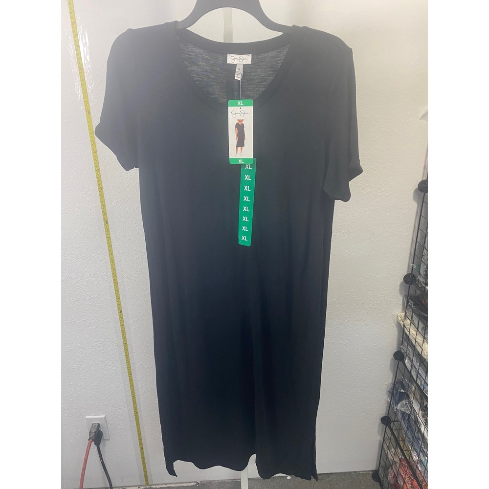Jessica Simpson Black Short Sleeve Midi T-Shirt Dress XL NWT Scoop Neck Slit Hem